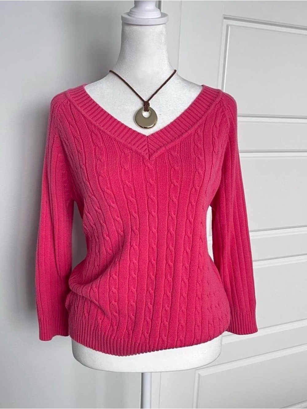Faded Glory Bright Red/Coral Cable-Knit V-Neck Sweater
